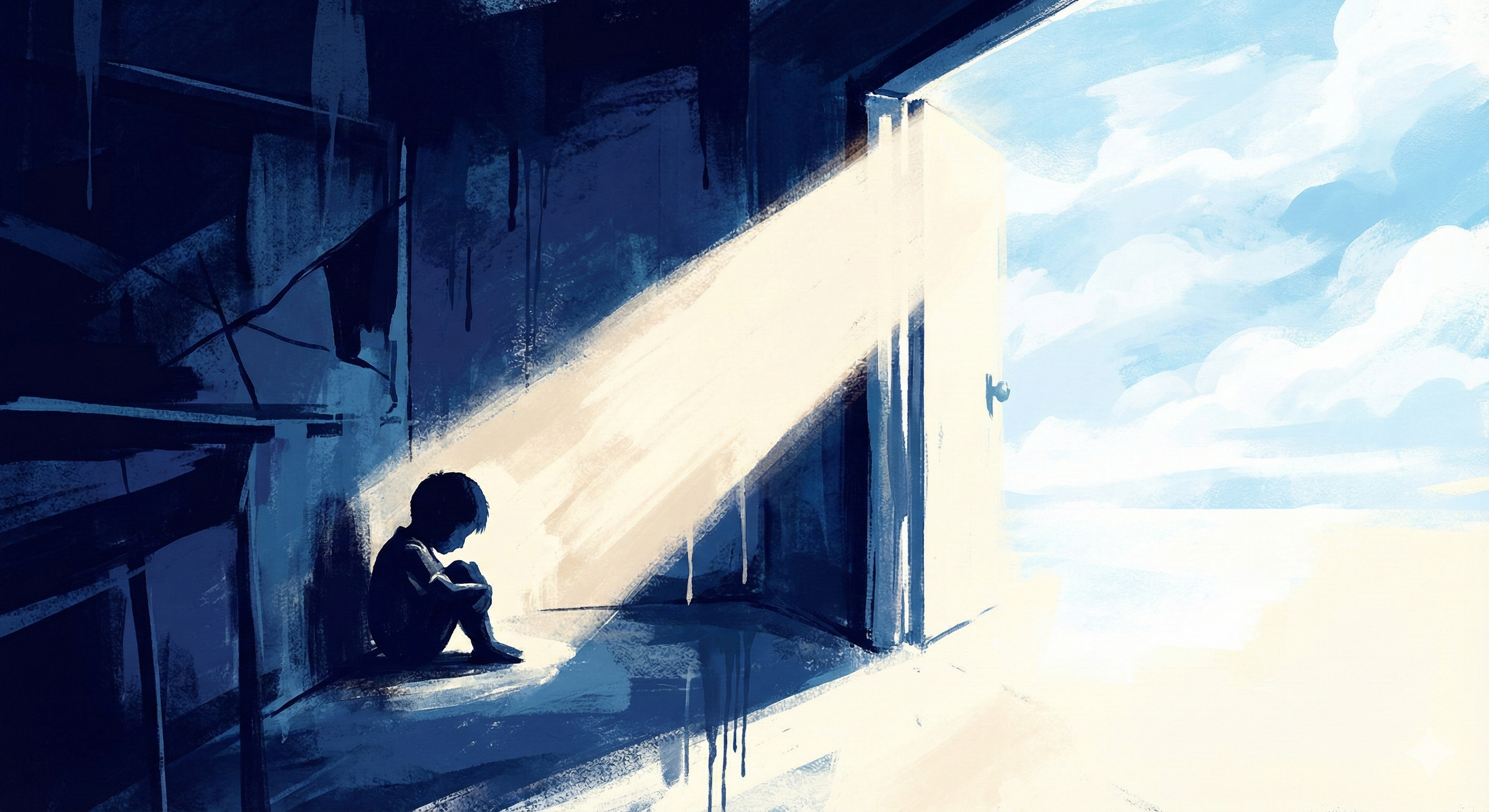 不登校といじめの構造：教室の隅で孤立する子供と、外の世界へ続く「逃げ道」を示す光のイラスト