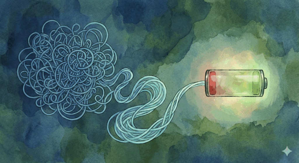 不登校の原因構造：複雑に絡み合った糸が解け、エネルギーが回復していくイメージ図