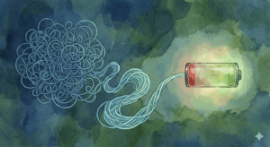 不登校の原因構造：複雑に絡み合った糸が解け、エネルギーが回復していくイメージ図