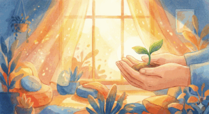 不登校の予兆サイン：お腹が痛いと訴える子供と、優しく見守る親のイラスト