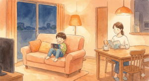 不登校の子どもへの具体的な対応：適切な距離感で見守る親子のイラスト（声かけ・スマホルール・学校連携）