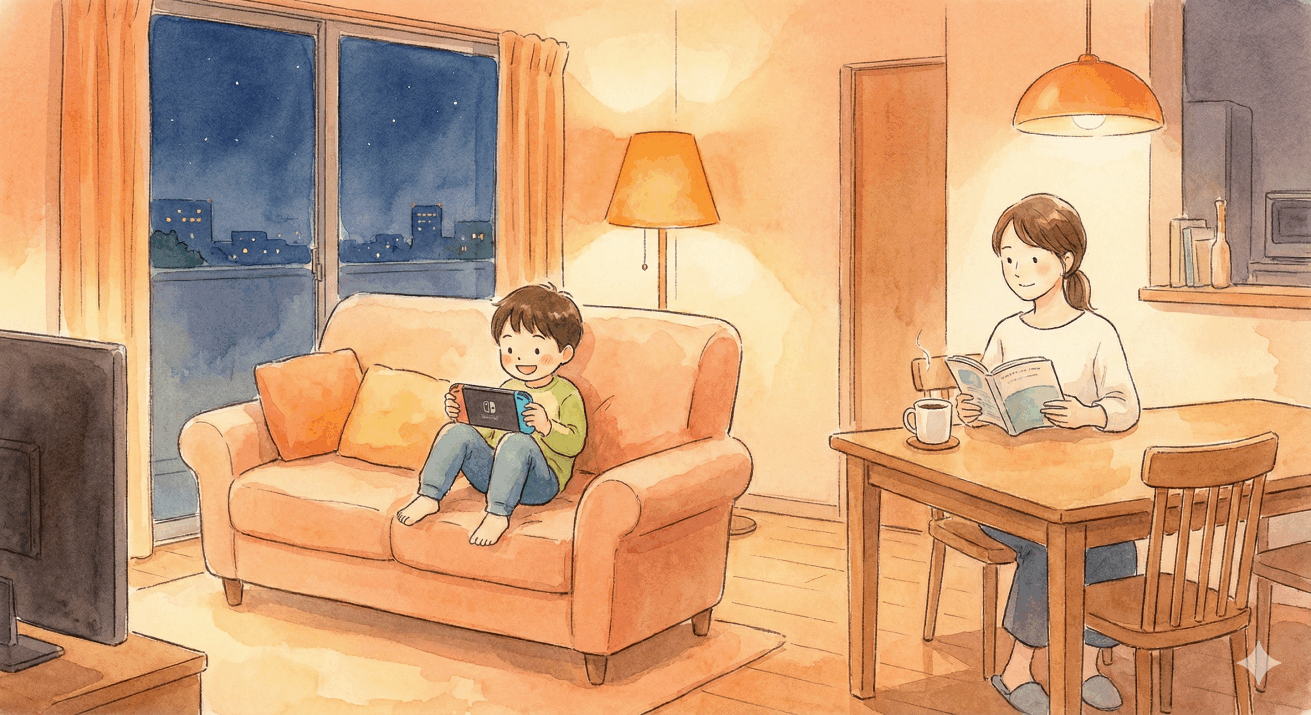 不登校の子どもへの具体的な対応：適切な距離感で見守る親子のイラスト（声かけ・スマホルール・学校連携）