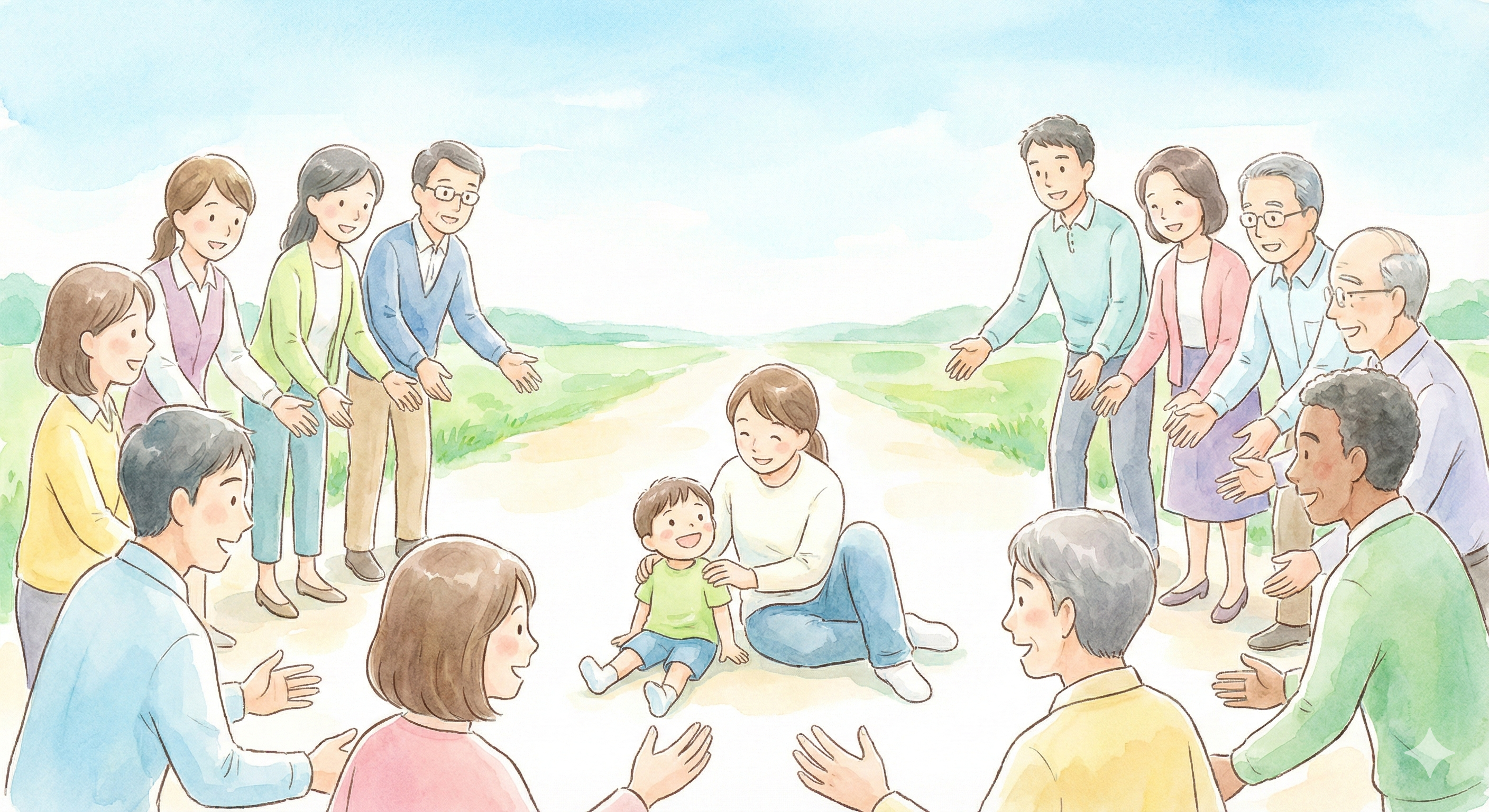 不登校支援の連携イメージ：保護者を中心に、学校・専門家・地域が手を取り合って支えるイラスト