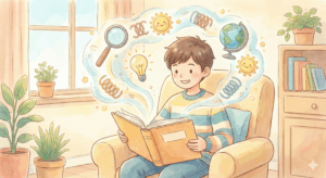 楽しそうに絵本を開く子どもと、そこから広がる想像の世界：子ども向け書籍・絵本のイメージ