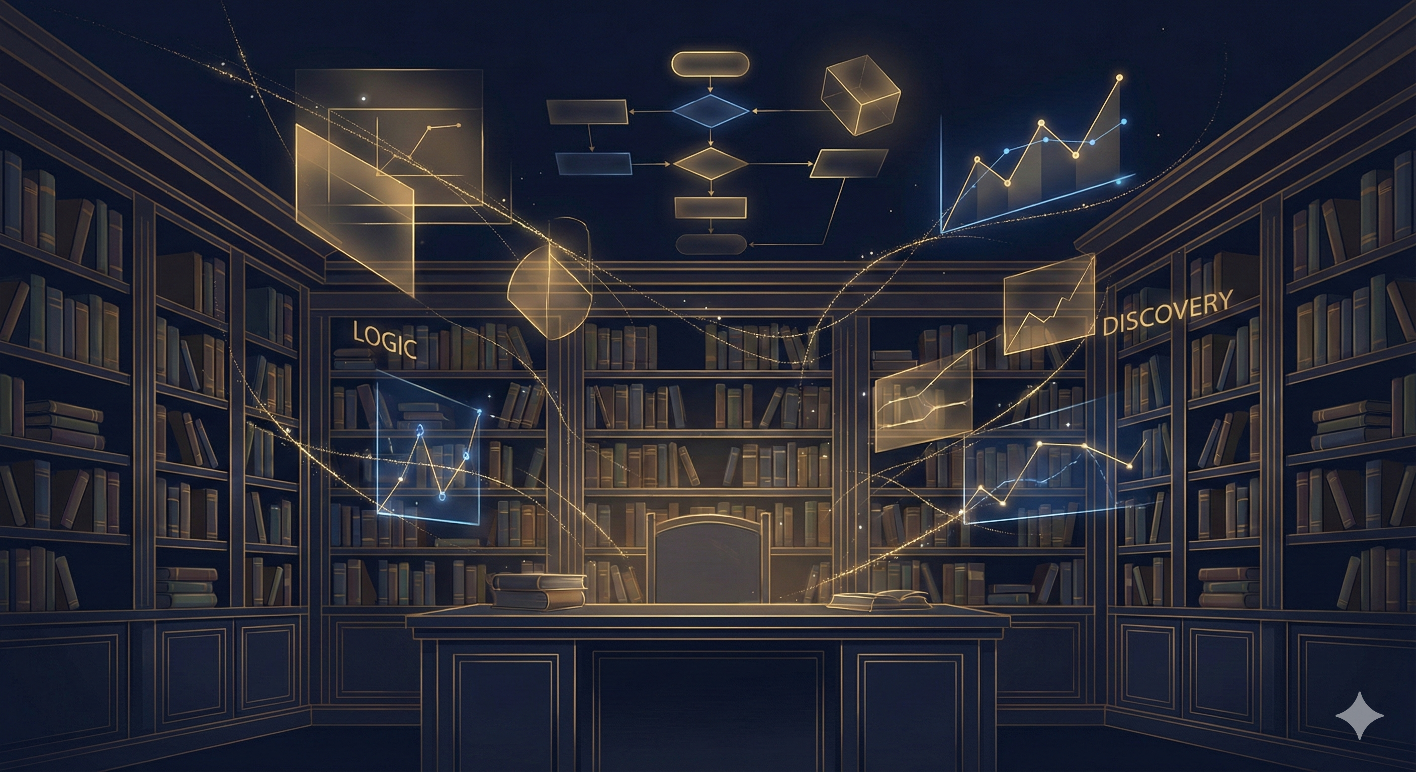 整然と並んだ本棚と浮かび上がるグラフ：不登校に関する教育データと客観的な構造理解のイメージ